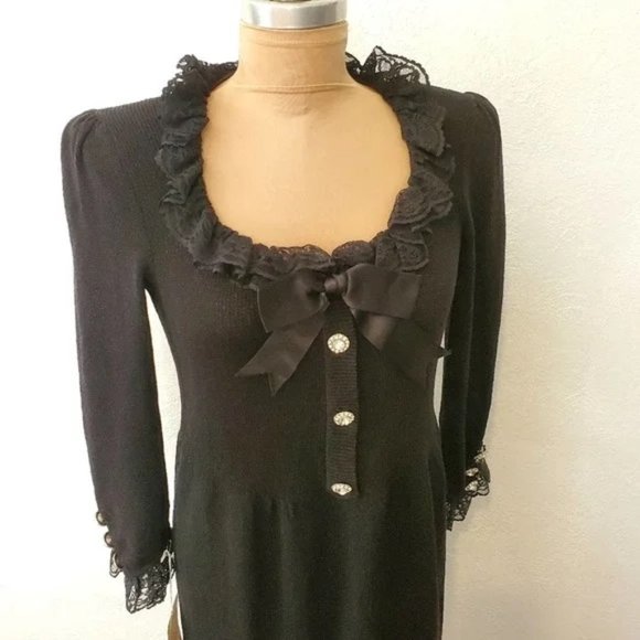 Don Sayres Knit Dress Black With Rhinestone Buttons Lace Ruffle Detail 6 - Picture 3 of 7